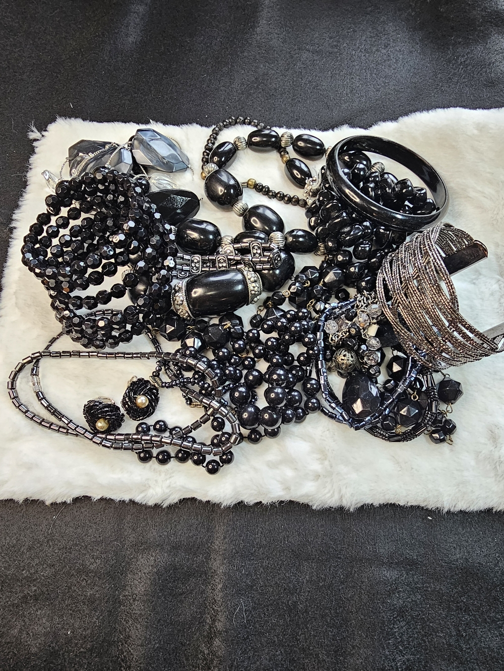 Black Beaded Bracelet and Necklace Lot